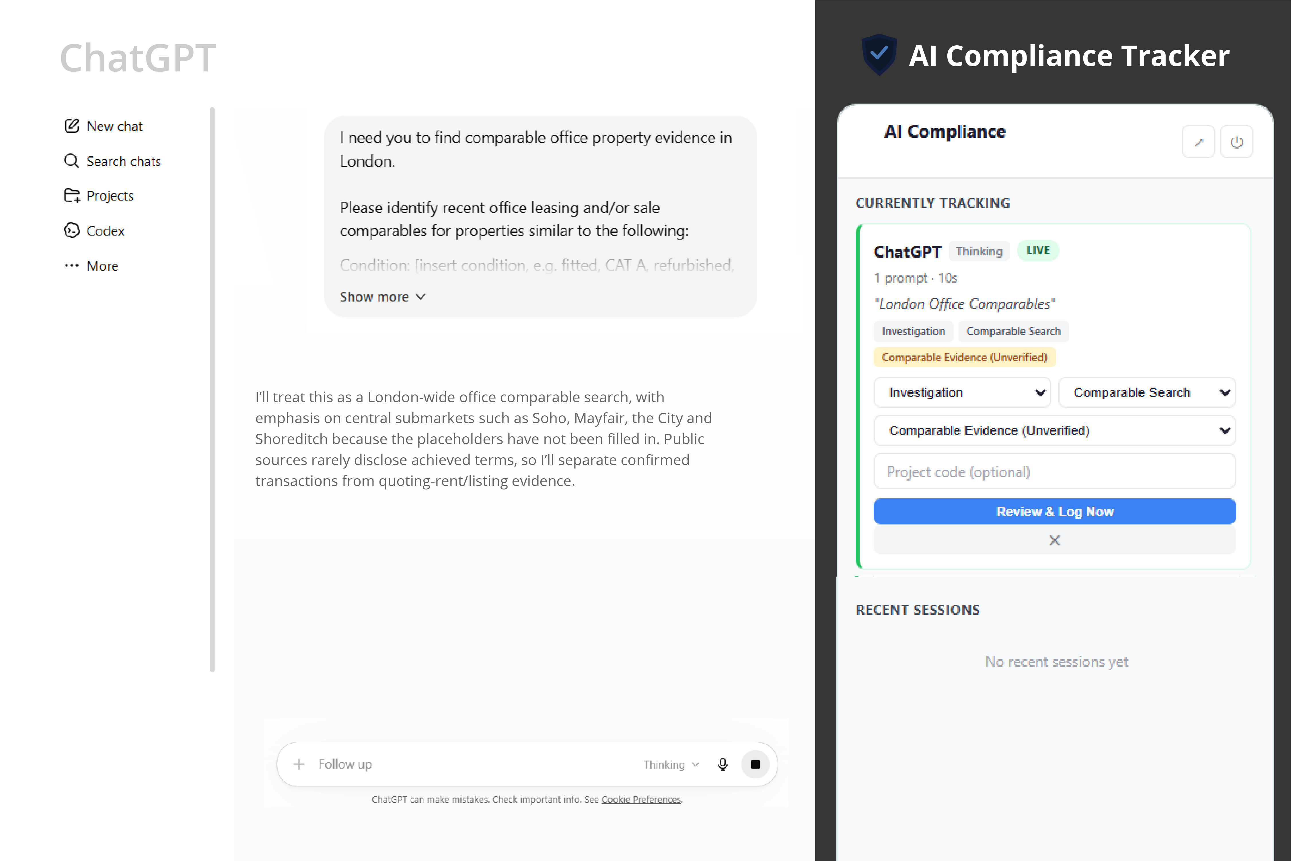 Screenshot of the OXC browser extension panel open alongside a ChatGPT session, capturing the AI interaction