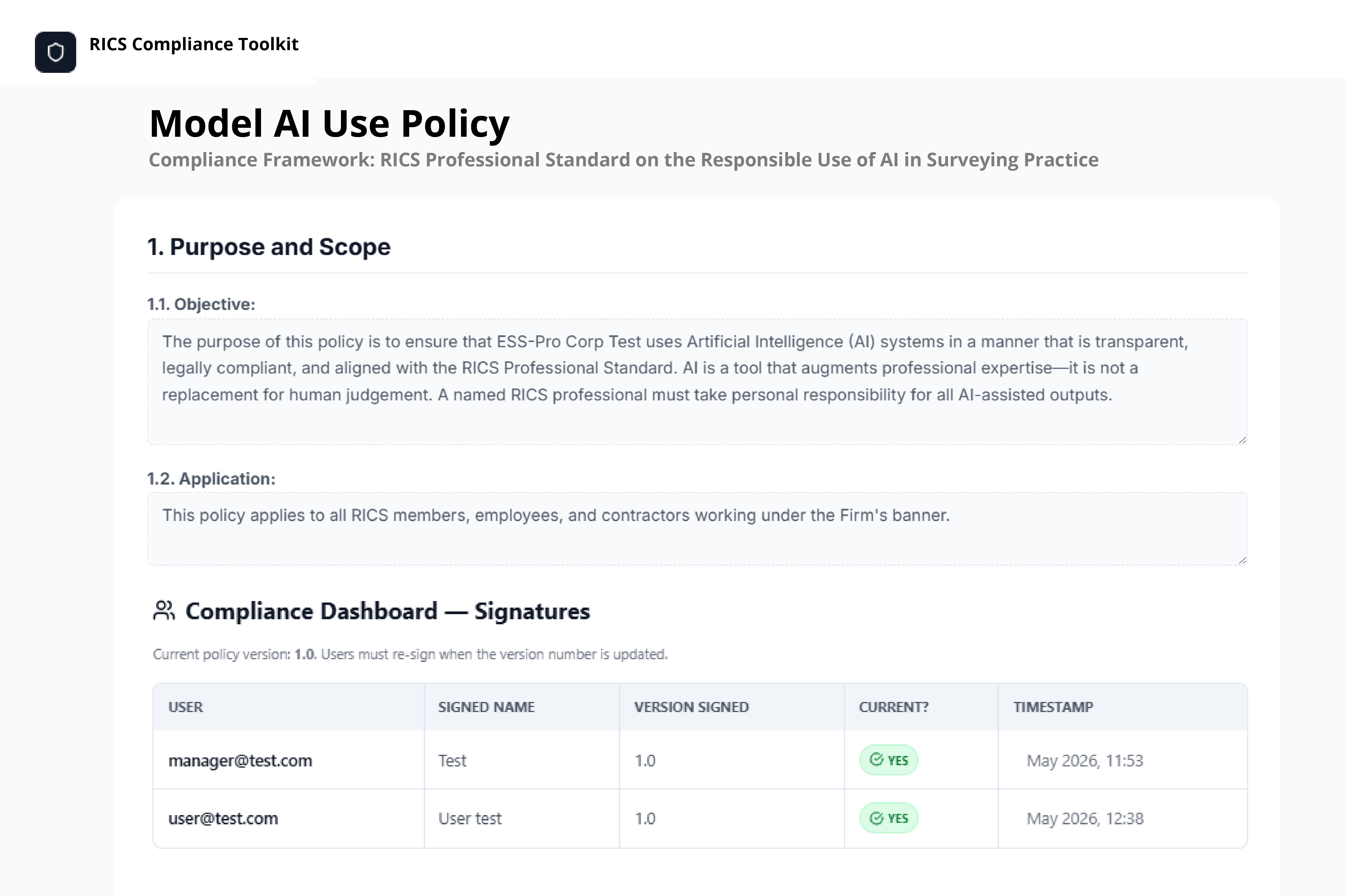 Screenshot of the OXC AI Policy document showing staff attestation signatures and version history